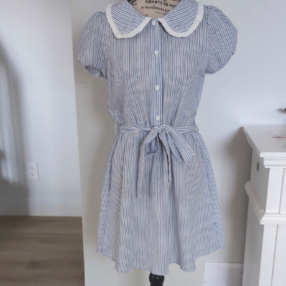 Monteau Dresses & Skirts - MONTEAU | Women's Blue/White Striped Short Puffed Sleeved Collared Mini Dress